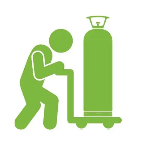 a cartoon of a green man pushing a gas cylinder on a trolley